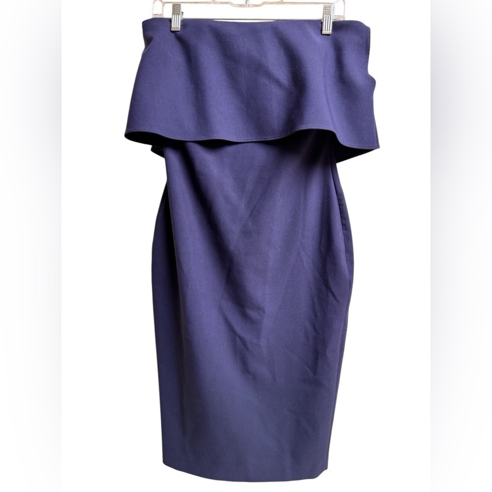 LIKELY Navy Strapless Ruffle Sheath Dress | Size 4 Off Shoulder Cocktail Midi